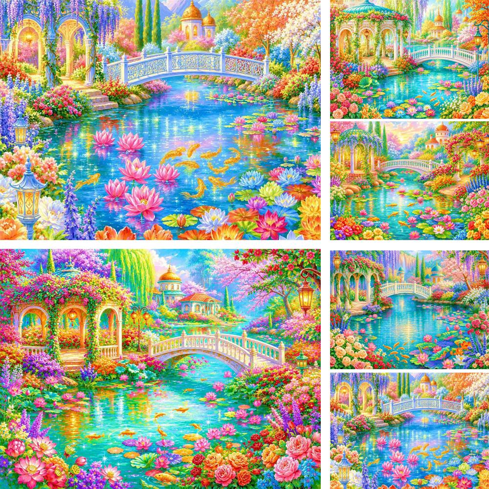 Beautiful Pond Lotus Flowers and Pavilion DIY Diamond Painting Kits New 2026 Full Square Round Diamond Mosaic Embroidery Cross Stitch Kits