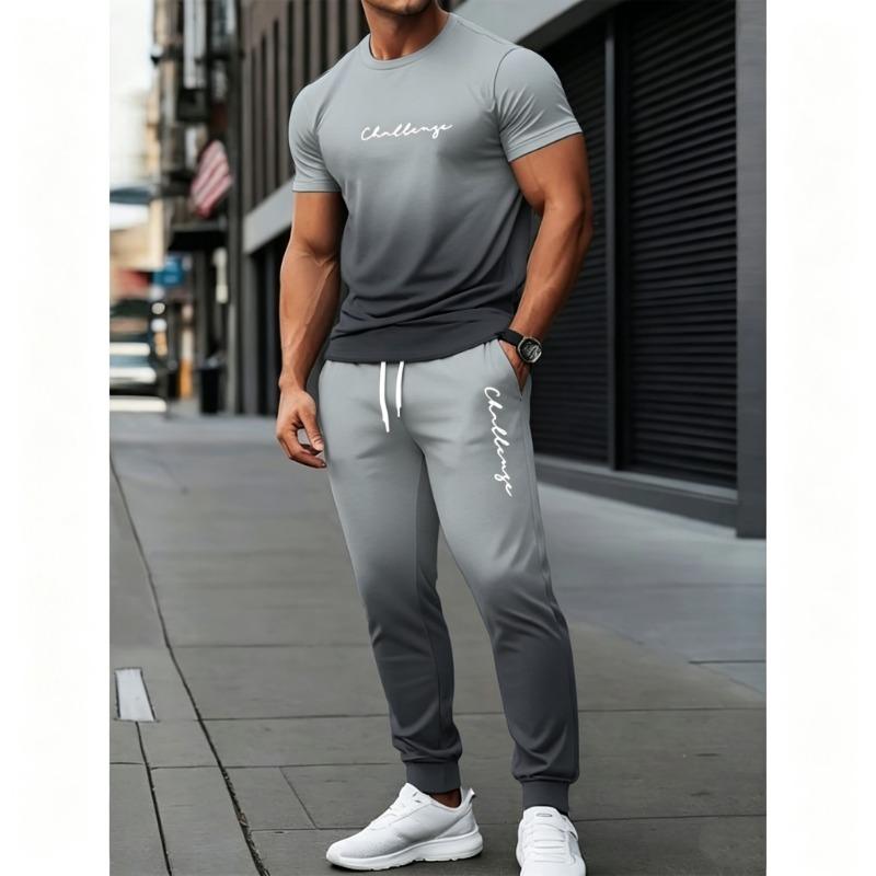 Men's Polyester Sportswear Regular Fit 2pcs Set | Patterned Short Sleeve T-Shirt and Long Pants