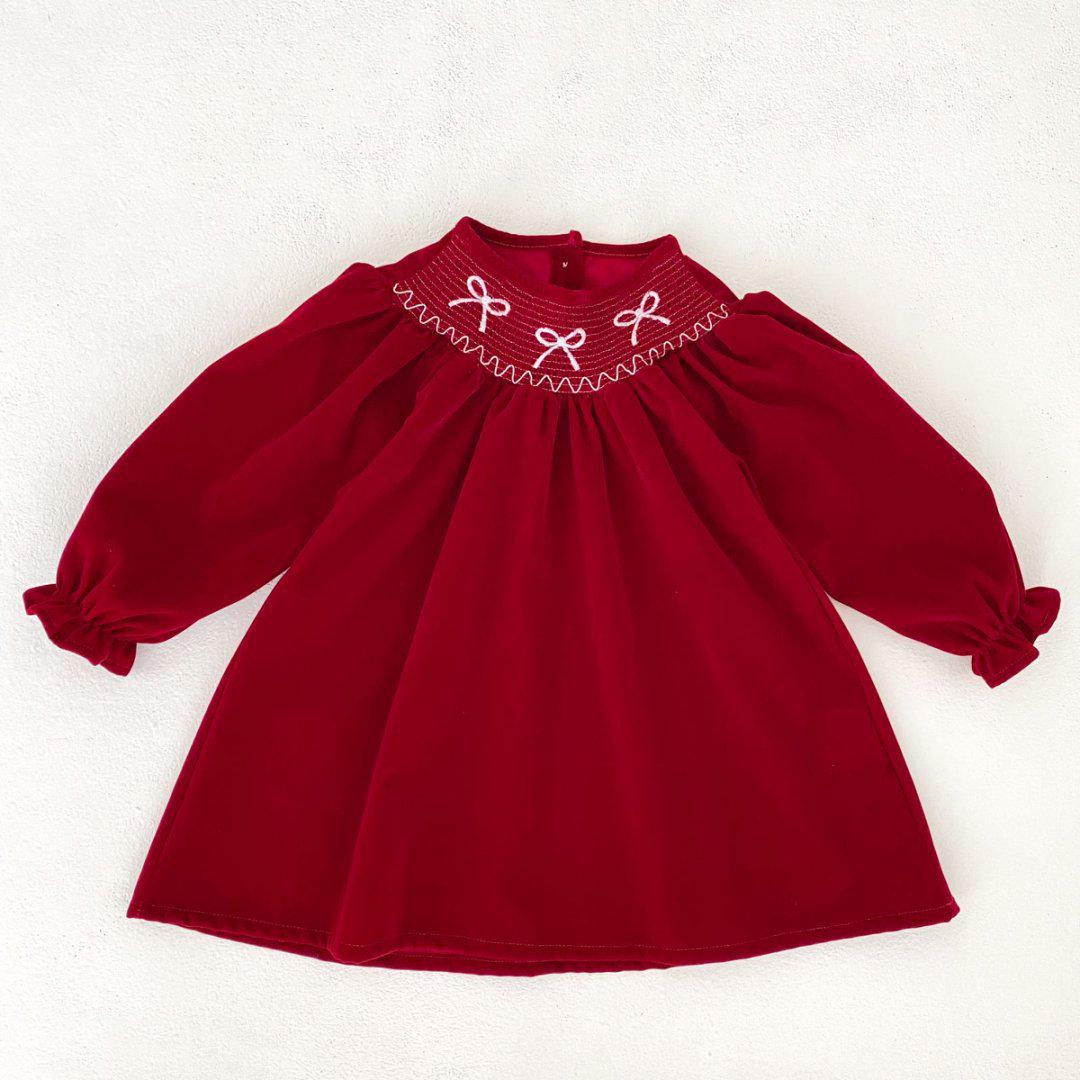 Girls  Christmas Red Long Sleeve Princess Dress with Ruffle Bow Collar 120cm