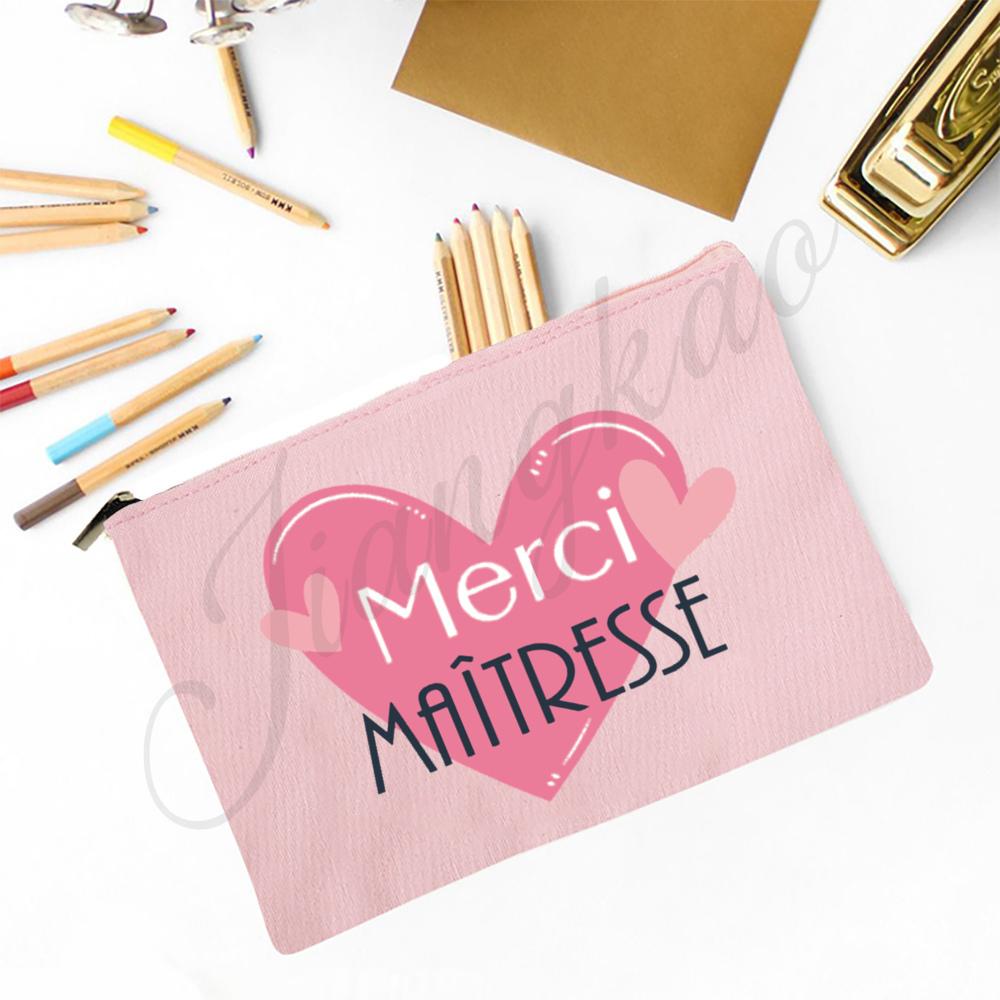 Merci Maitresse French Print Makeup Bag Travel Neceser Toiletry Storage Pouch School Pencil Bags Best Graduate Gift for Teacher