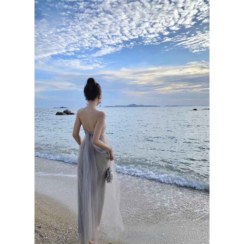 Clavicle One-word Shoulder Super Fairy Mesh Tube Top Dress Slim and Thin Sexy Hot Girl Off-the-shoulder Female Summer Long