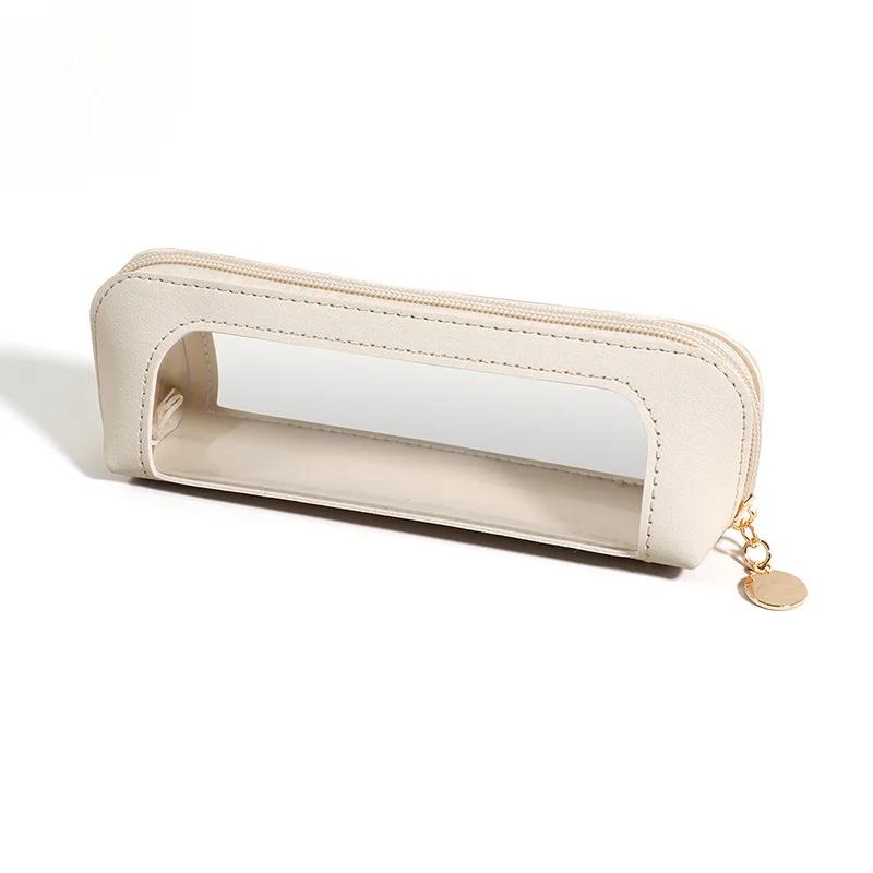 Women's Portable Leather Makeup Bag Waterproof Travel Cosmetic Pouch for Eyebrow Pencils & Brushes Compact Organizer Case