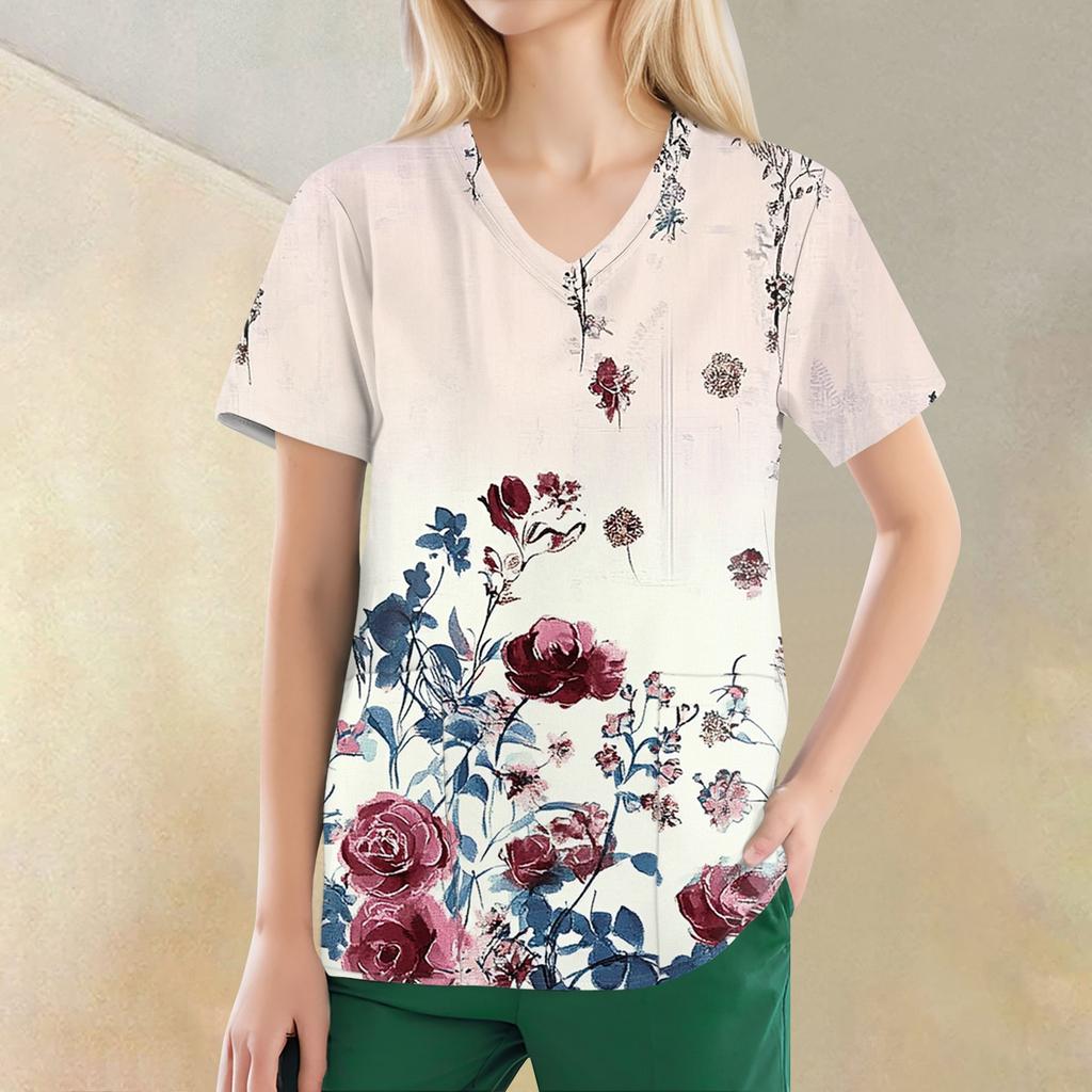 Women's V-neck Fashion Casual Printed Tops And Protective Workwear