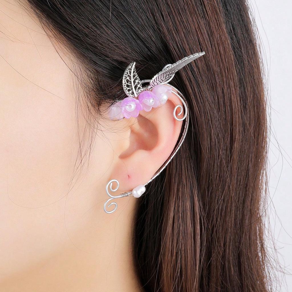 Earrings Retro Earless Flower Ear Bone Clip Rose Branch Elf Fringed Ear Hanging Ear Clip