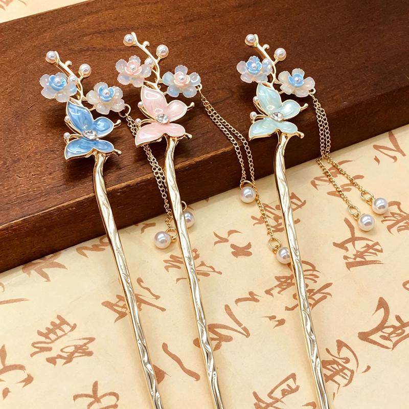 1Pc Vintage Romantic Metal Hair Stick Women Butterfly Flower Pearl Tassel Hair Pin Exquisite Elegant Daily Wear Hair Accessories