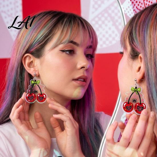 Goth Aesthetic Accessories 1 Pair Acrylic Cherry Earrings for Women 2D Fruit Dangle Drop Versatile Daily with Spider Web And Bow Punk Jewelry