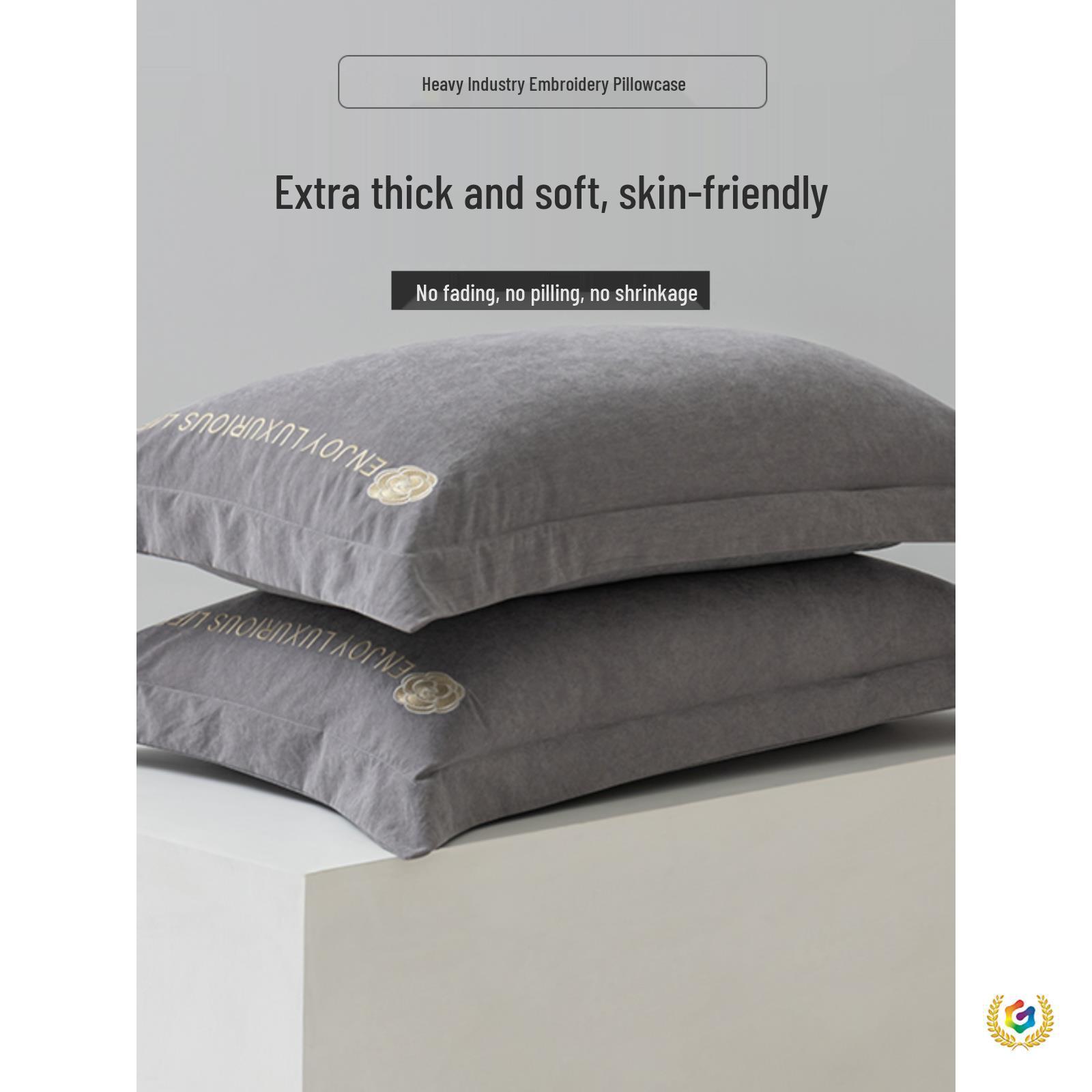 

Simple Solid Embroidered Washed Cotton Pillowcase, Adult Size 48x74cm, Pair or Single, Thickened Core Cover. Four-leaf Flower Gray [Single]