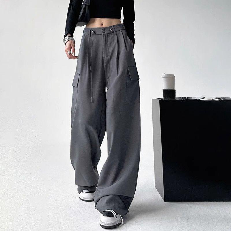 Gray Drapey High Waist Slimming Cargo Pants with Large Pockets - Women's 2025 Spring/Autumn Floor-Length Casual Pants.