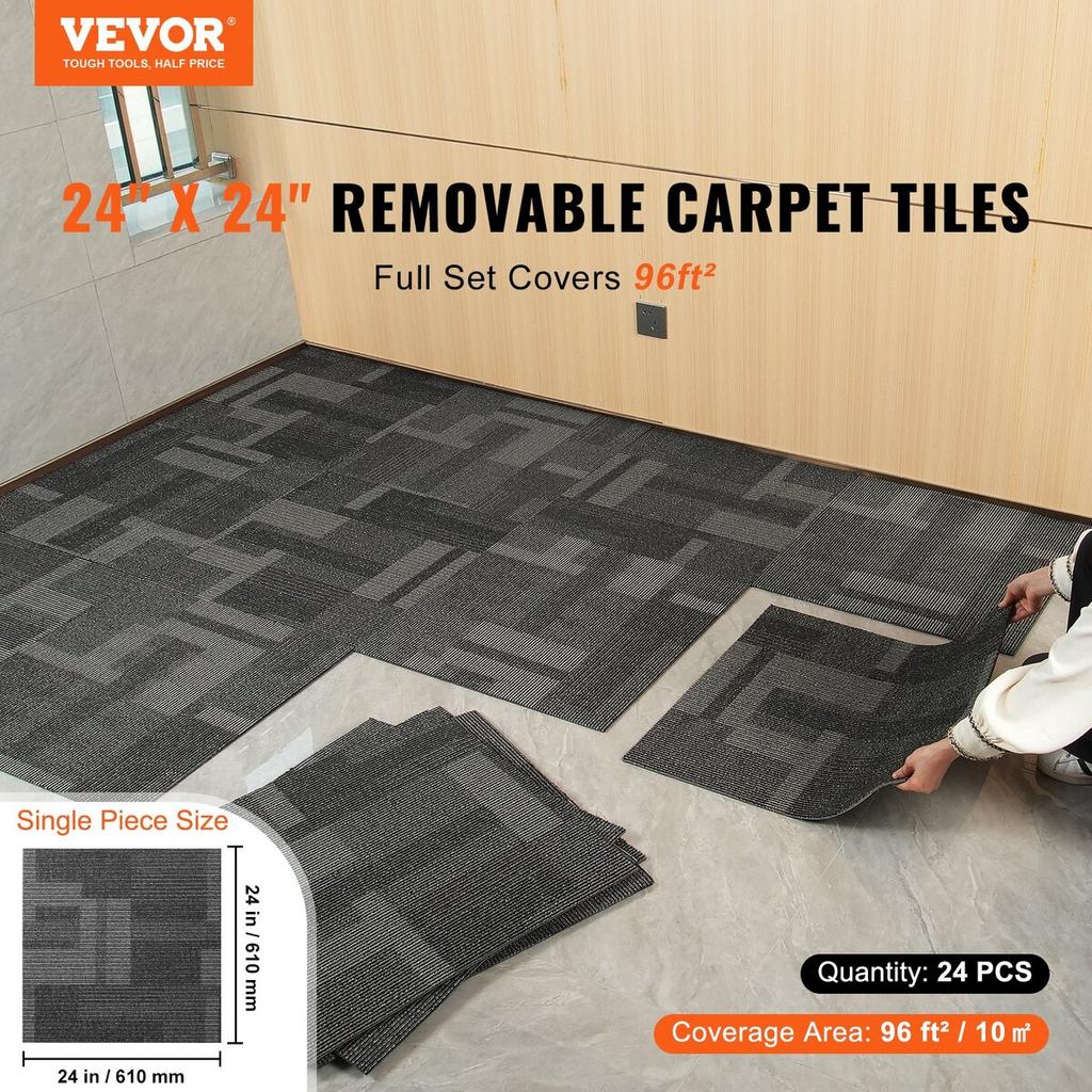 Carpet Tiles Reusable, 24"x 24"Carpet Squares With Padding Attached, Soft Padded Carpet Tiles, Easy Install DIY for Bedroom Living Room (24Tiles,