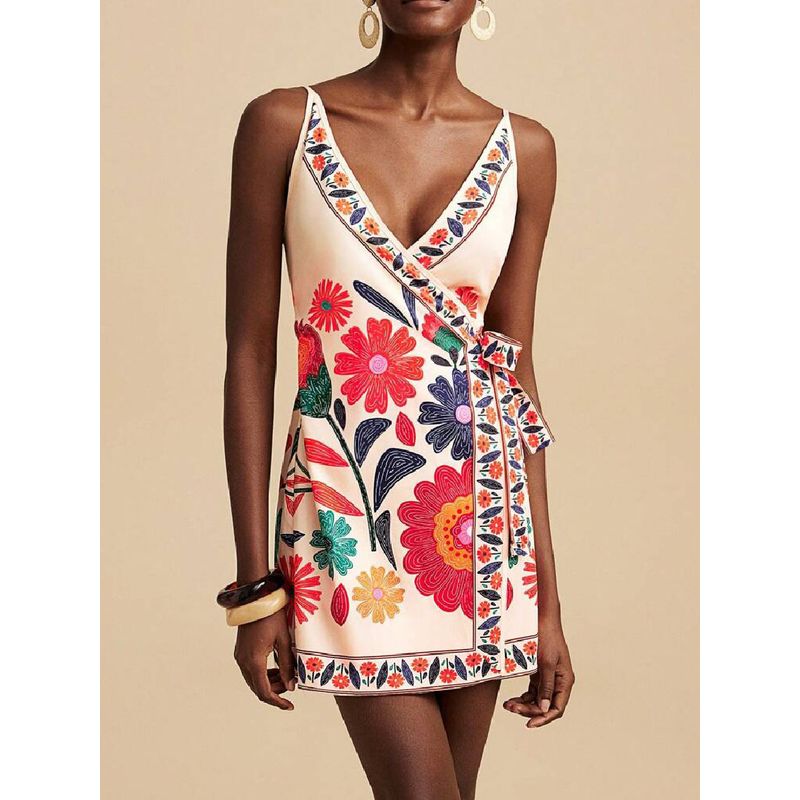 

Strap Dress European and American Summer New Product Women Fashion Casual V-neck Lace-up Holiday Style Sling Dress Color XL