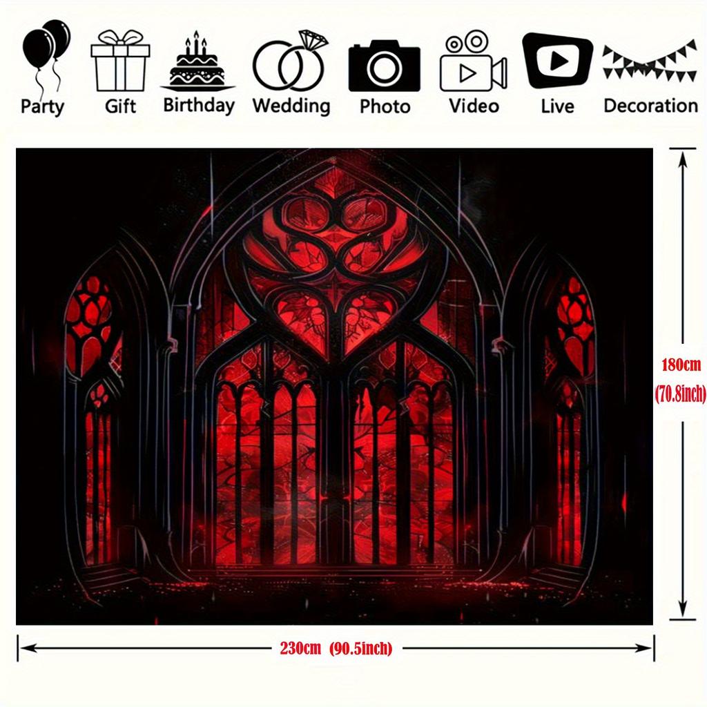 Flat 2D, 1 piece black and red retro gothic banner background fabric with stained glass window design - Halloween Party Decoration