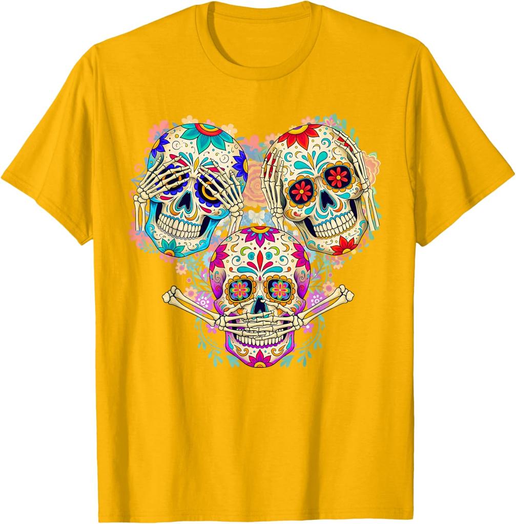 Sugar Skull Three Wise Monkeys Day of The Dead Graphic Tee Breathable Men Casual Trip T-Shirt