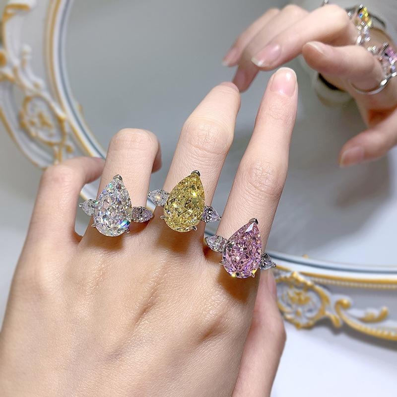 SpringLady 925 Sterling Silver Water Drop Cut 10*17MM Citrine High Carbon Diamond Wedding Band Fine Jewelry Ring for Women Gift