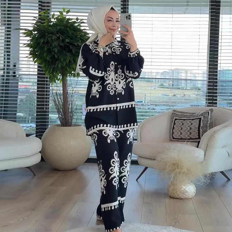 2024 Autumn Women's Casual Fashion Print Two-Piece Set: Loose Top & Long Pants