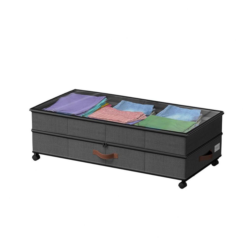 Double Layer Dividers Under Bed Storage Box with Wheels Clear Lids Organizer Bins Dustproof Foldable Storage Rack Clothes Shoes