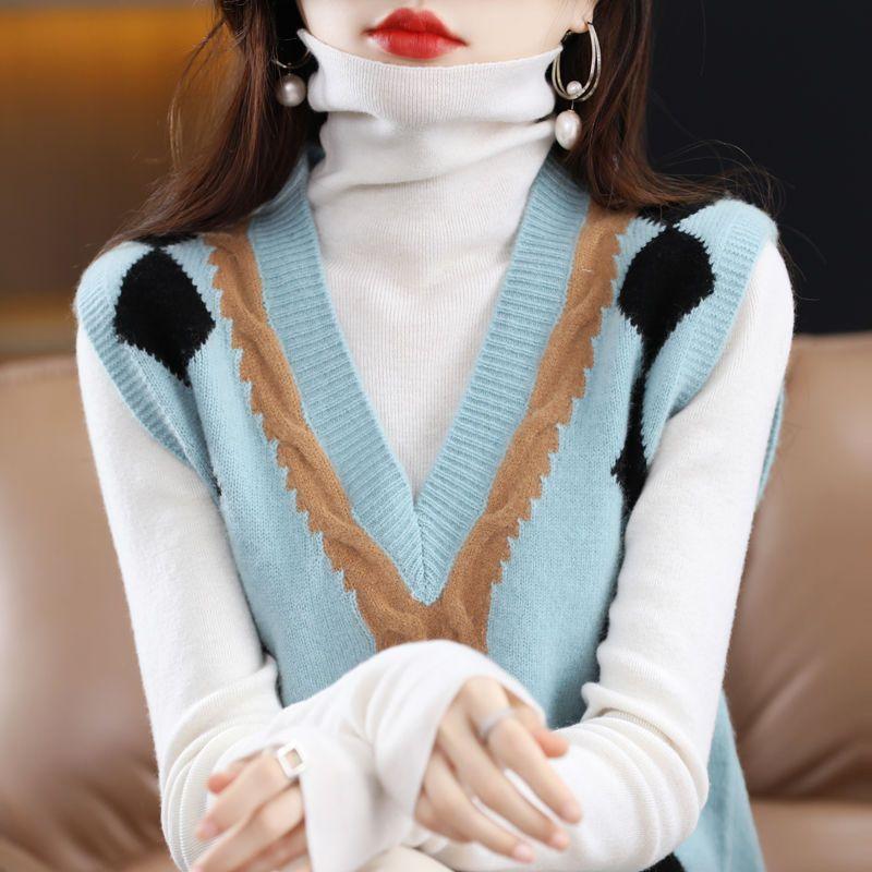 

Контрастный жаккардовый жилет с V-образным вырезом для женщин, осенне-зимний свитер без рукавов, пуловер, свободный вязаный свитер S