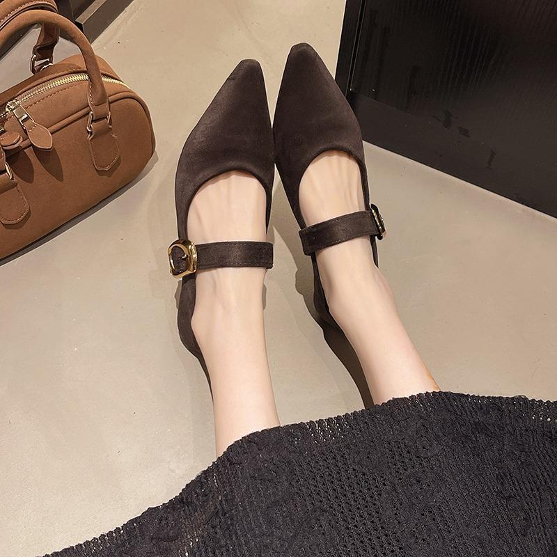 Mode 2025 Niedrig Absatz Damen Pumps Ein Wort Schnallenriemen Design Einfarbig Weiblich Flacher Ausschnitt Spitze Zehen Bequeme Niedrig Absatz Schuhe