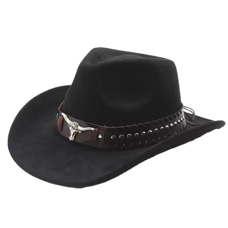 Bull Head Belt Rivet Jazz Hat Men's and Women's Spring and Autumn Outdoor Travel Sunshade Top Hat Big Edge Suede Western Cowboy Hat