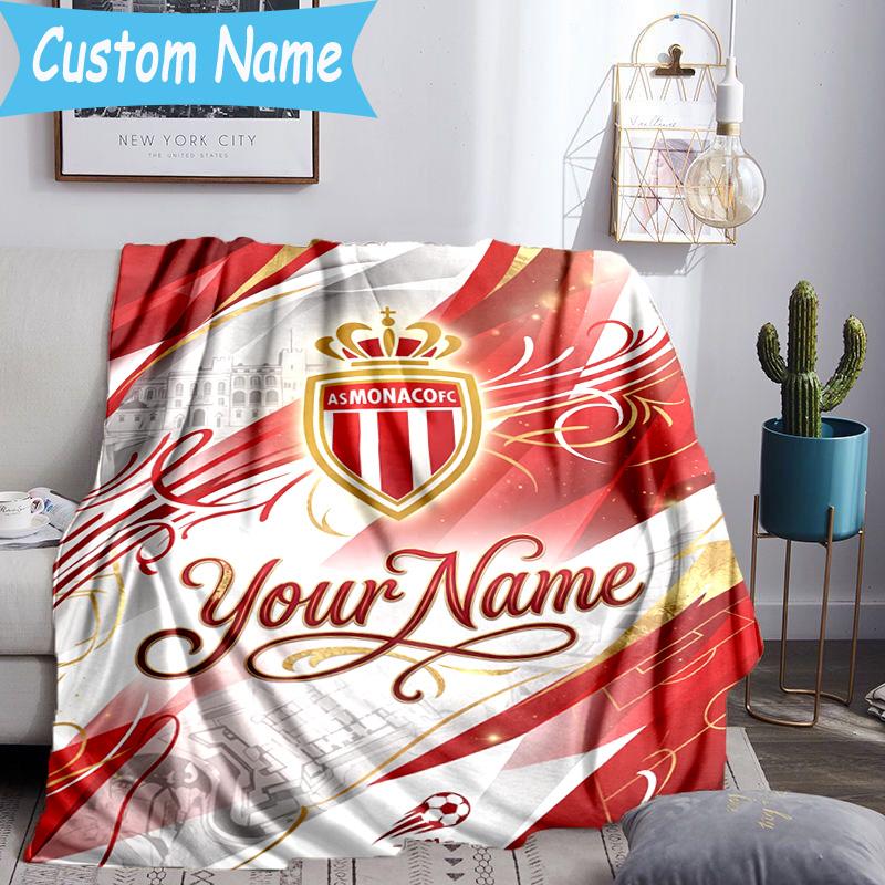 Custom Name As Monaco Fc Crest Flannel Blanket, Use for Birthday/Holiday Gift, Soft Blanket for Sofa/Bed/Camping/Office, Home Decor