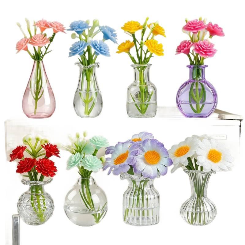 Mini Glass Vase Fridge Magnets 8-Pack DIY Artificial Flower Fridge Magnets Creative Decorative Magnetic Flower Pot Home Kitchen Decor