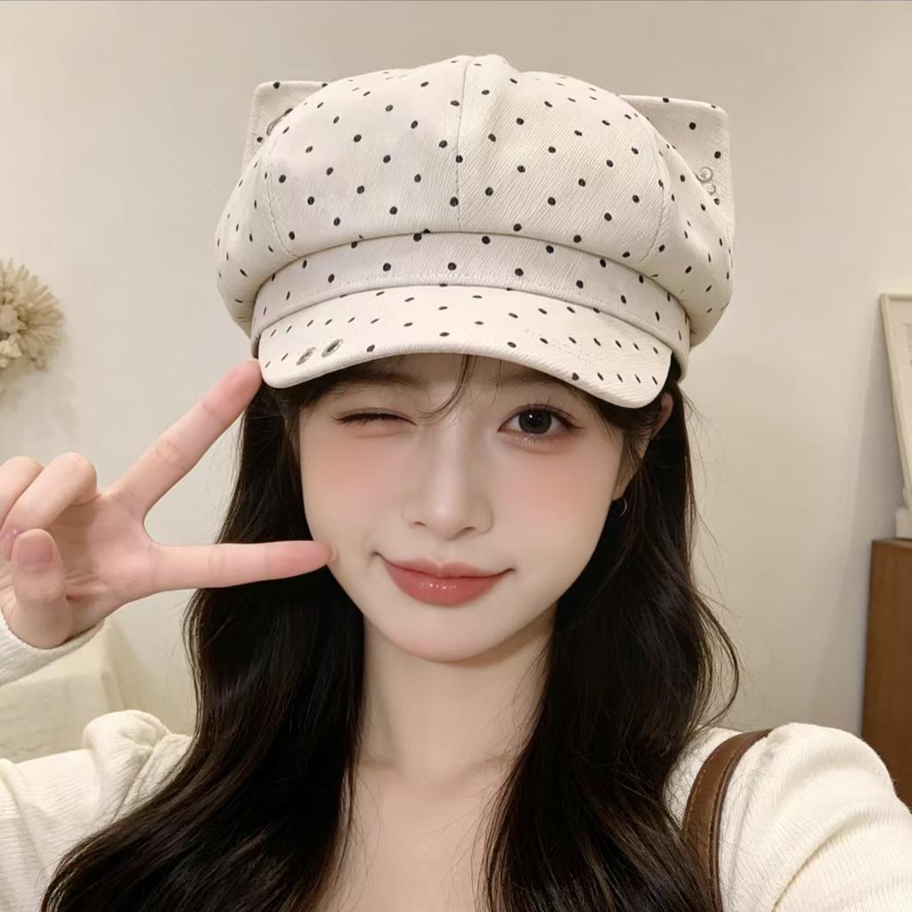 Retro polka dot cat-ear soft and cute duckbill cap for women, autumn and winter sunshade newsboy cap, trendy and face-slimming octagonal hat