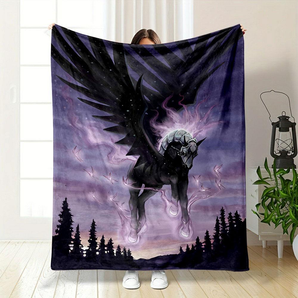 A winged, armored horse with glowing purple energy over a twilight forest. for all seasons blanket lunch break throw gift