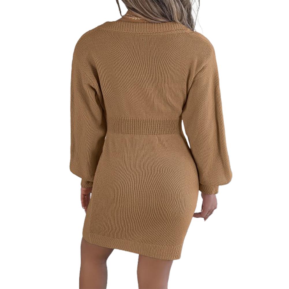 Damen Strickpullover Kleid V-Ausschnitt Laterne Langarm Twist Pullover Jumper Lässige Strickwaren Tops