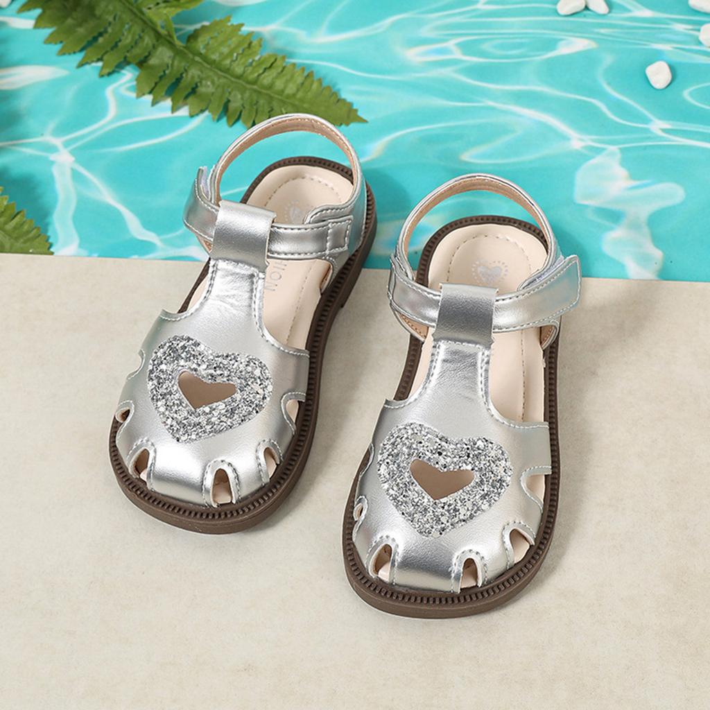 Toddler Girls Sequin Heart Sandals Open Toe Beach Shoes Soft Sole Baby Casual Footwear Fashion Letter Design