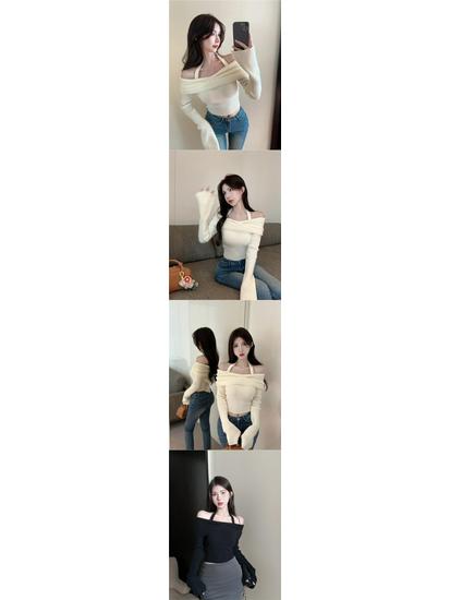 Women's Off-Shoulder Halter Neck Long-Sleeve Knitted Sweater – Slim Fit Short Style for Autumn & Winter