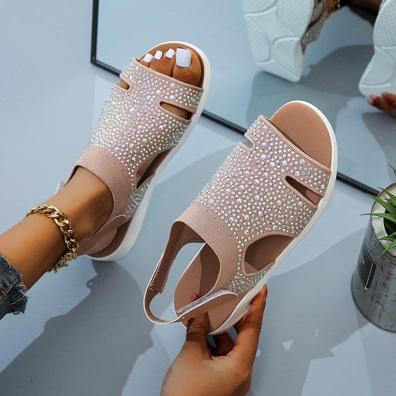 Summer Velcro fly-woven elastic cloth fish mouth sandals women's breathable large size hollow rhinestone sandals siz-3