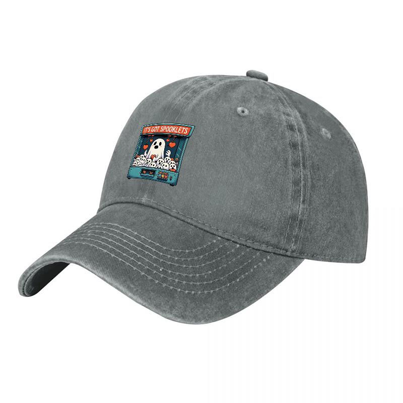 Cotton Canvas Washed Baseball Cap with Ghost Design Patch Retro Unisex Adjustable Hat for Daily Wear Casual Outfits
