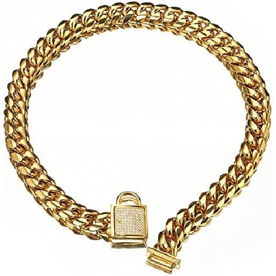 Designer Dog Collar Gold Metal Stainless Steel with Zirconia Lock 14mm 18K Gold Big Dog Luxury Training Collar Cuban Lock Link Necklace Chain(10 10 inch золотой