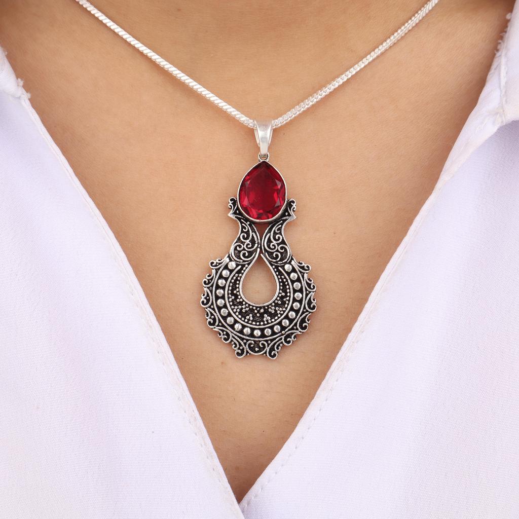 Natural Pink Rubellite Gemstone 925 Sterling Silver Women Jewelry Designer Long Pendant 1.8" Gift For Wife/Mom CP-45-10