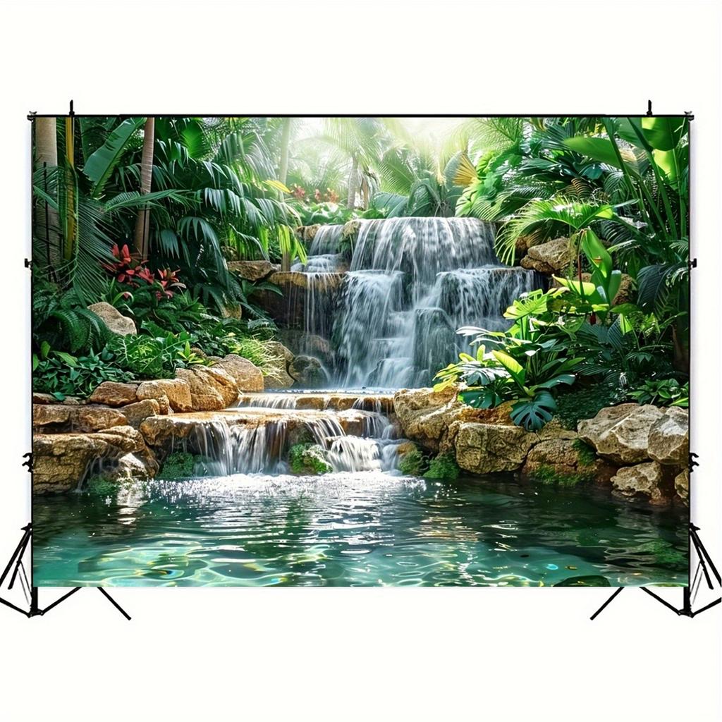 Waterfall Garden Background Polyester Banner, General Purpose and Trailing Party Wall Decoration - Forest and River Scene