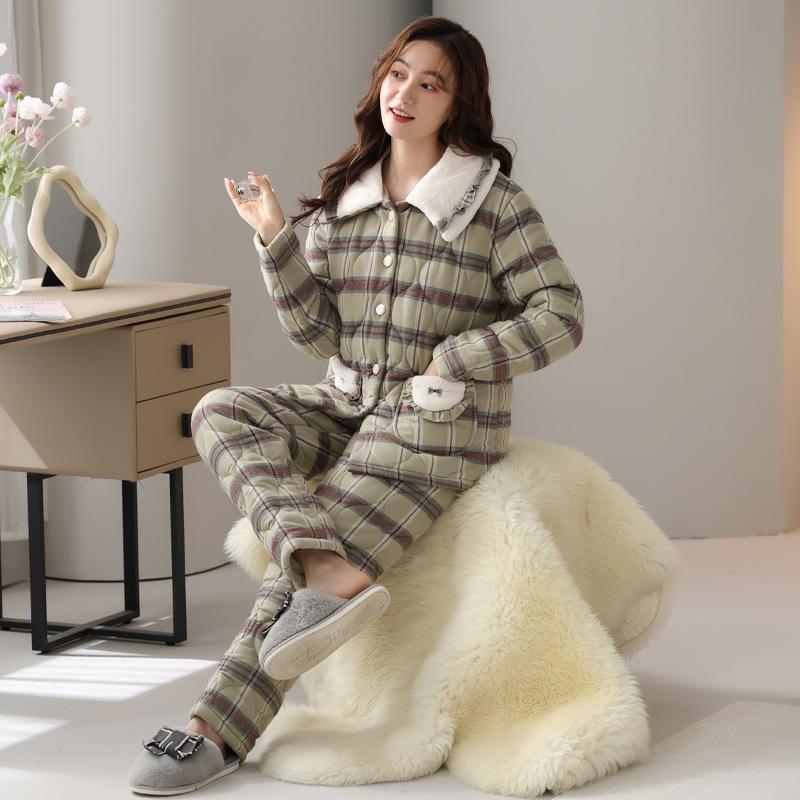Casaco de algodão puro tecido pijamas para mulheres no inverno, três camadas espessadas algodão xadrez roupas quentes para casa, conjunto de inverno