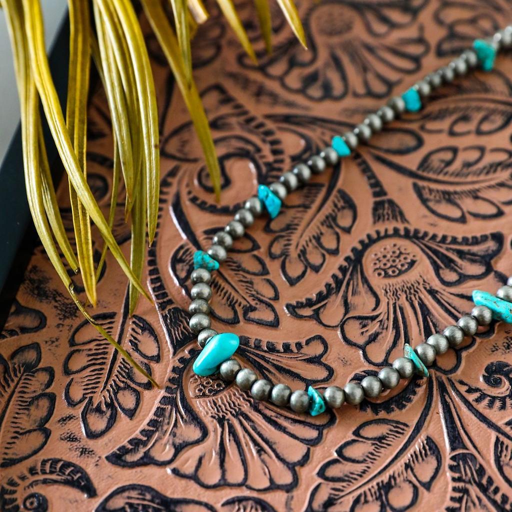 Western Wind Brushed Tin Imitation Turquoise Necklace Ccb Navajo Men And Women Pendant Neck Chain Jewelry