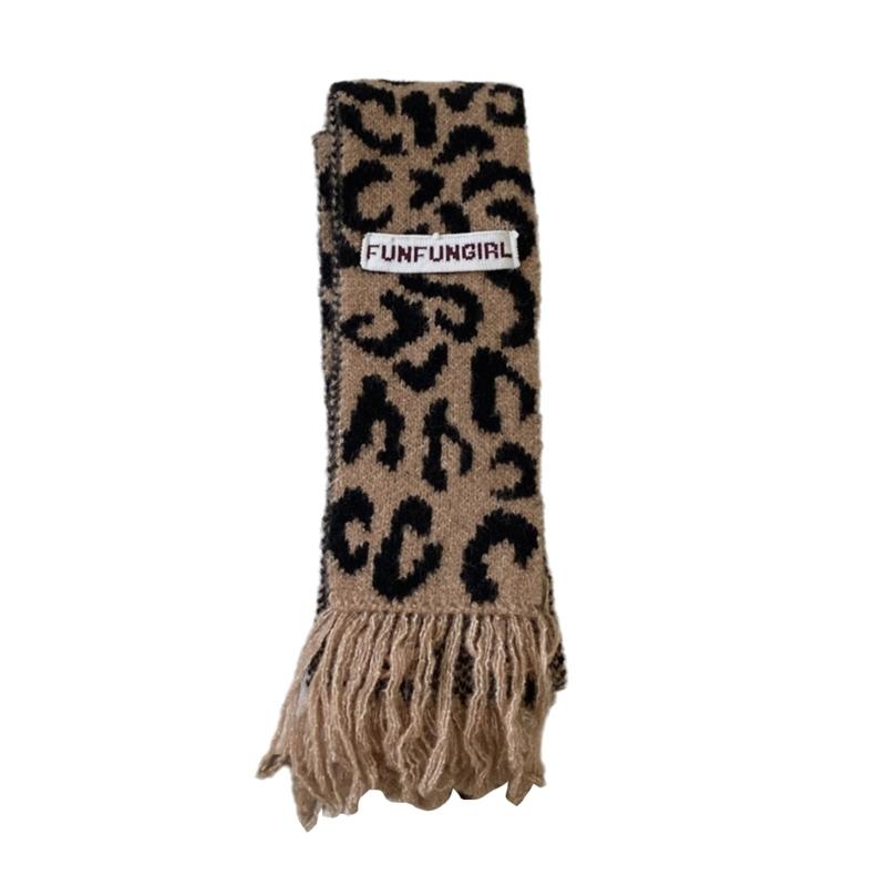 Vintage Leopards Print Tassels Scarf Soft Acrylic Neckerchief Warm Fashion Scarves for Women Warm Accessory