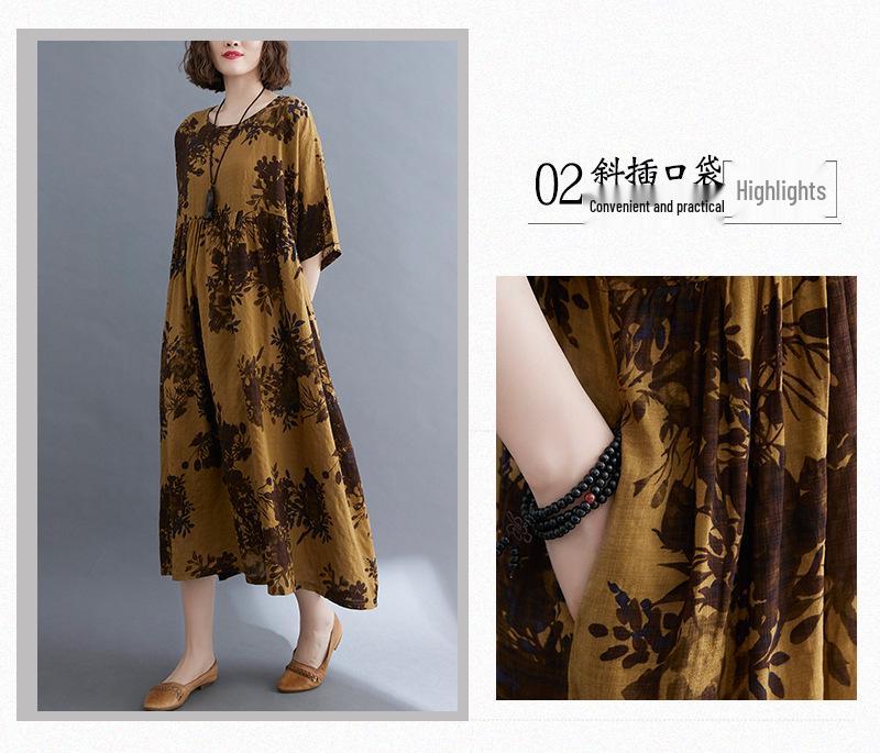 2021 Summer Retro Plus Size Round Neck Print Dress with Short Sleeves and Big Swing