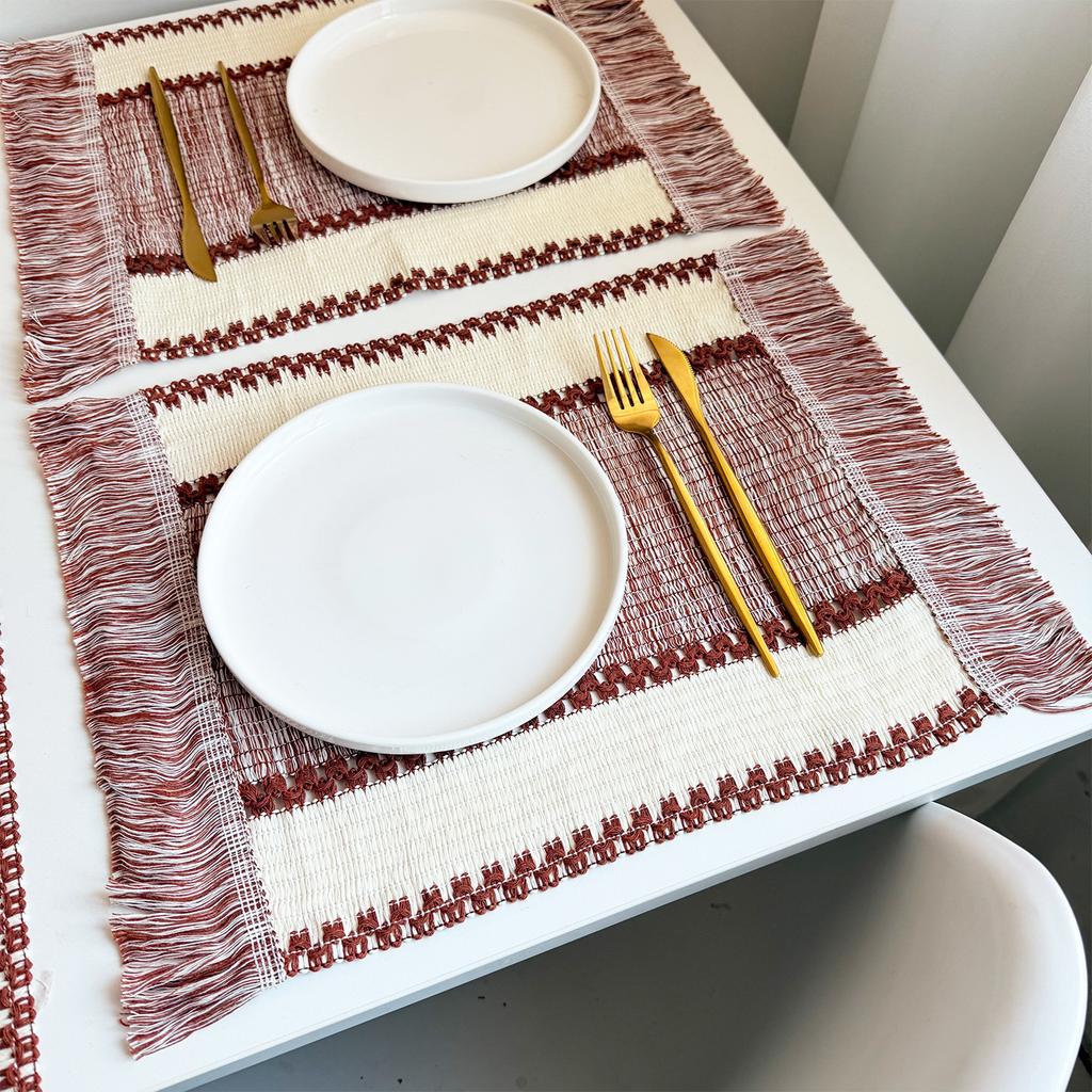 Cotton and linen tassel placemat pastoral variegated woven table flag ins striped thermal insulation pad wide strip cotton and linen color matching
