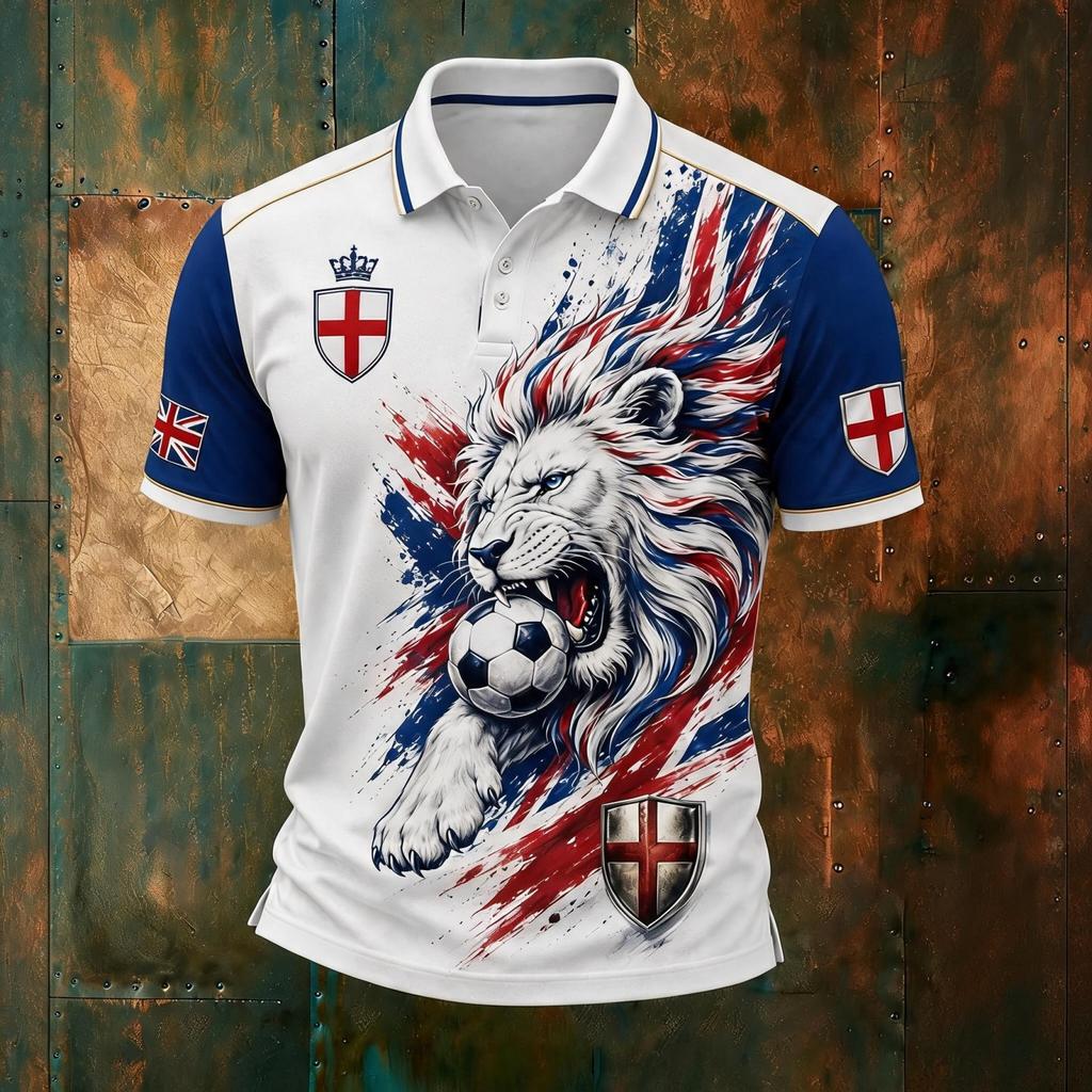 Camiseta Polo Estampada de Fútbol de Inglaterra para Hombre Corte Clásico Manga Corta Camiseta de Fútbol Ropa Deportiva Casual para Hombre