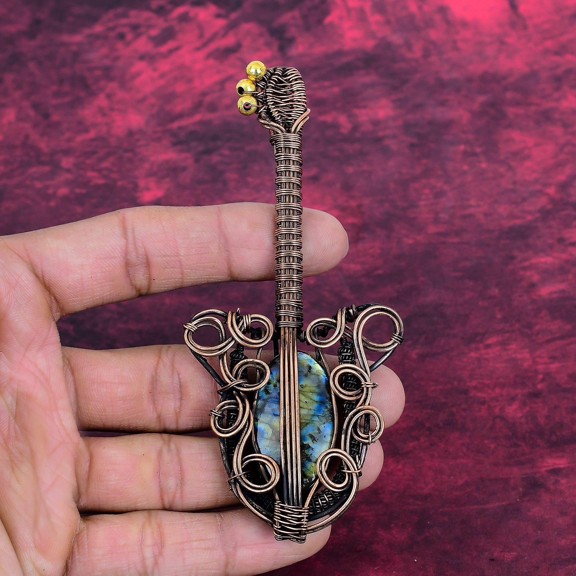 Labradorite Pendant Guitar Pendant Copper Wire Wrapped Jewelry Gemstone Pendant