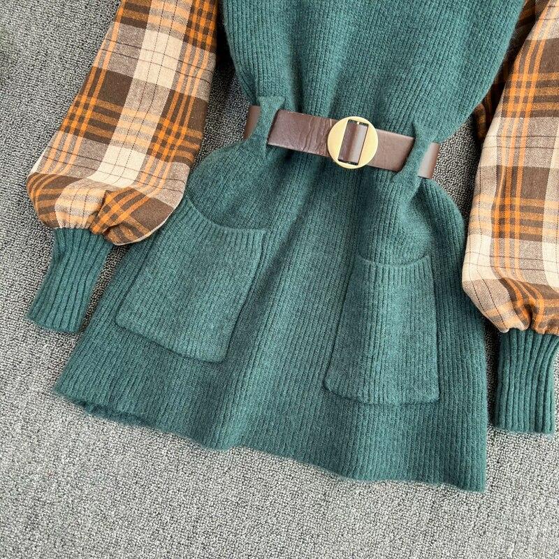 Autumn/winter Fashion Suit Western Style Plaid Shirt + Sweater Vest Knit Two-piece Set