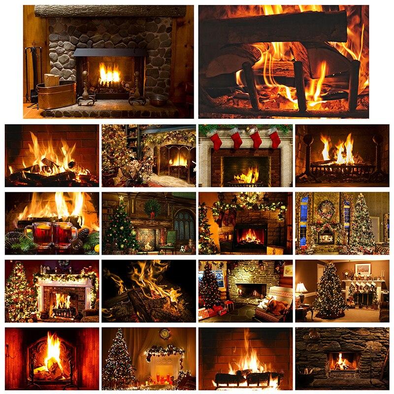 Christmas Fireplace Photography Backdrop Xmas Tree Stocking Photo Background Props for Holiday Family Portrait Studio Shoot Video Party Decor