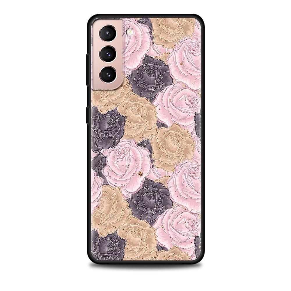 Pink Rose Bling Print Case for Samsung Galaxy S20 FE S21 S22 Ultra S10 Plus S9 S8 S10e S7 Edge Silicone Black Soft Phone Cover