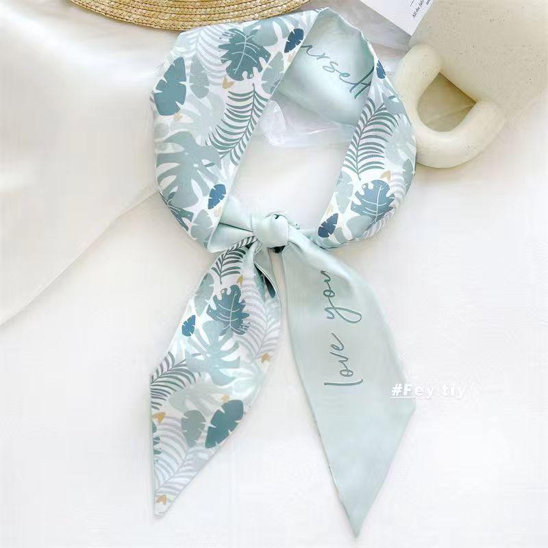 Small White And Tender Green Silk Scarf For Women, Thin Streamer, Headband, Hair Tie, Bag Decoration Long