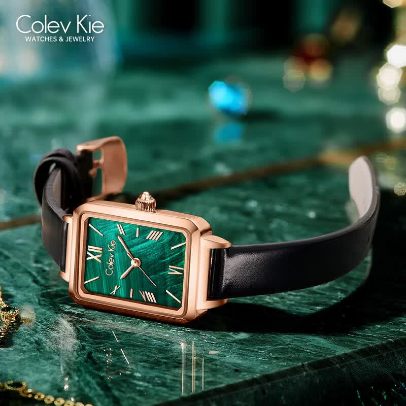 Colevkie Ladies' Square Green Dial Leather Strap Quartz Watch