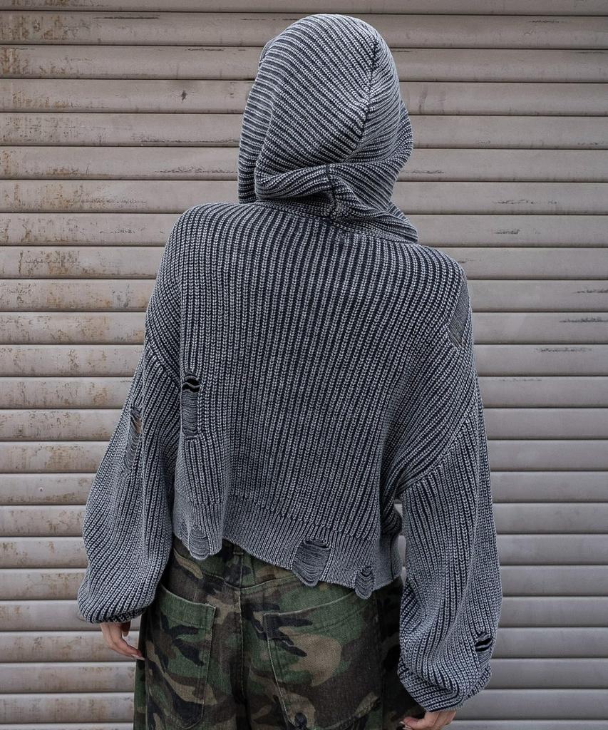 WEGO Distressed Knit Zip Size Sumikuro Women's Hoodie, Casual, Girly, Fall/Winter Outfit, F,