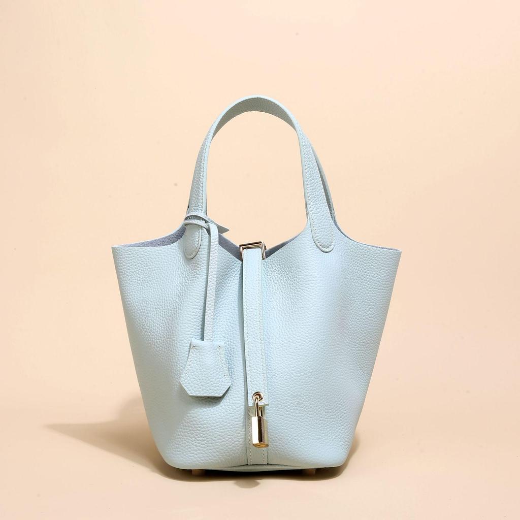 2024 kvinners ekte skinn Litchi-mønster bøtteveske - høst/vinter grønnsakskurv håndveske