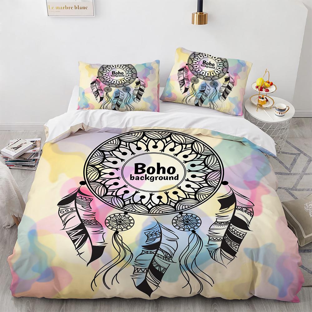 Dream Catcher Duvet Cover Set Colourful Feather Red Flower Romantic Theme Comforter Cover King Full Size for Kid with Pillowcase