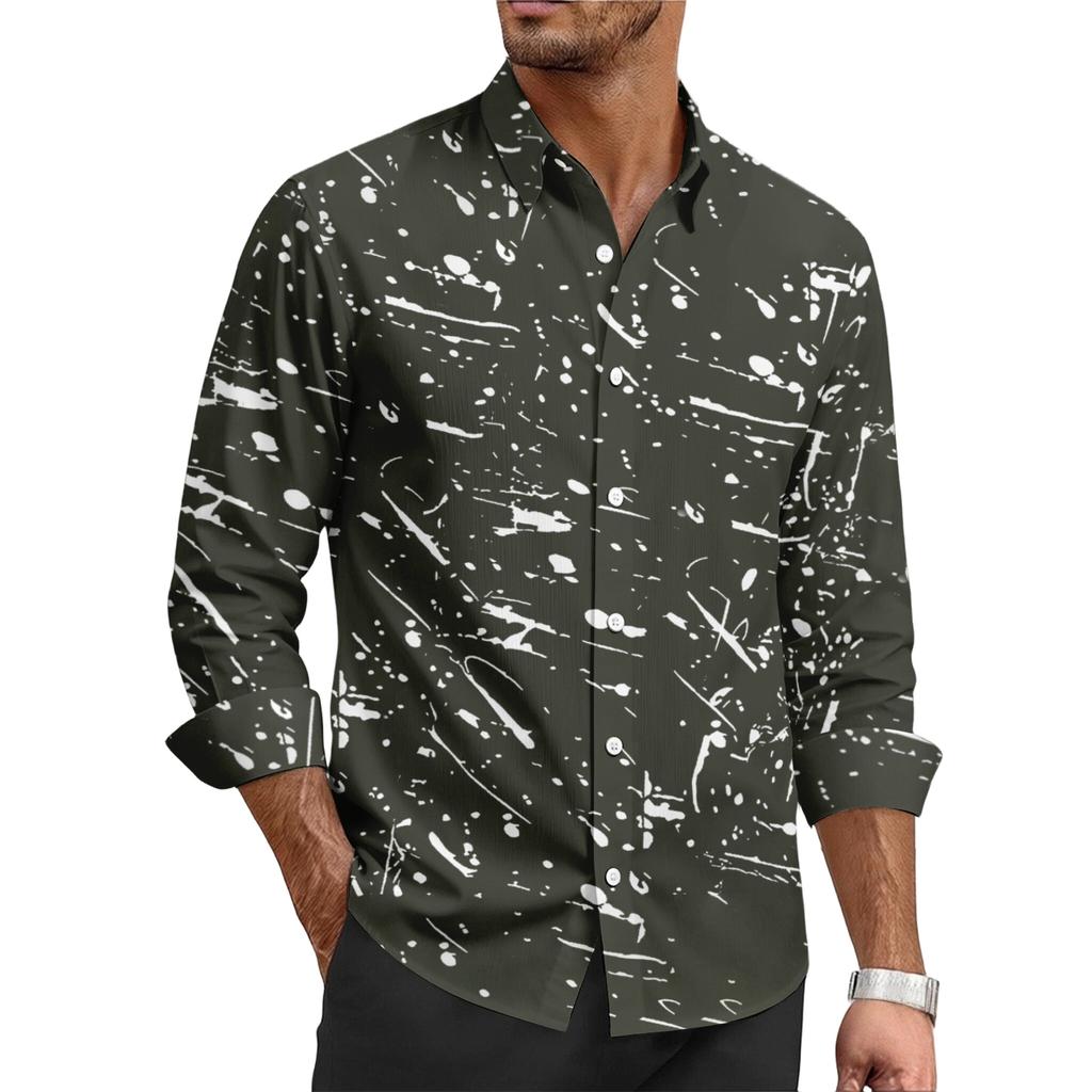 Men's casual stylish ink-blurry texture printed shirt - Men's lapel buttoned long-sleeved top